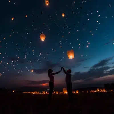 couple qui lache une lanterne volante